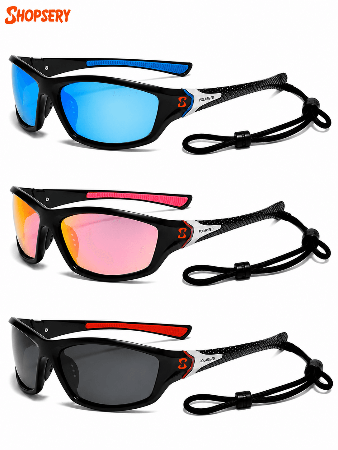 Shopsery Polarized Sports Sunglasses for Men 3 Pack Combo – UV400 Protection | HD Polarized Driving, Fishing &amp; Cycling Sunglasses - Blue+Pink+Red Black image
