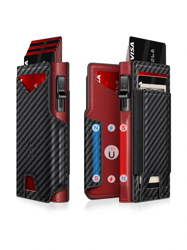 Slim RFID Wallet for Men – Aluminum Card Holder with Pop-Up Eject Mechanism, Magnetic Leather Cover, ID Window & Expandable Cash Slot - Carbon Fiber + Red image