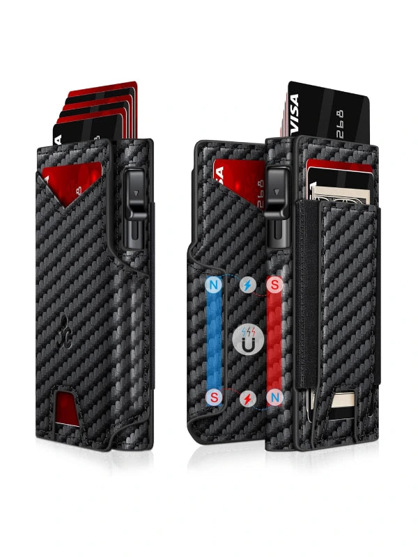 Slim RFID Wallet for Men – Aluminum Card Holder with Pop-Up Eject Mechanism, Magnetic Leather Cover, ID Window & Expandable Cash Slot - Carbon Fiber image