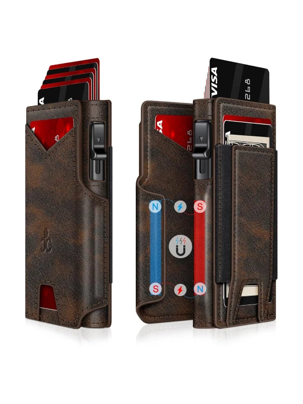 Slim RFID Wallet for Men – Aluminum Card Holder with Pop-Up Eject Mechanism, Magnetic Leather Cover, ID Window & Expandable Cash Slot - Dark Brown image