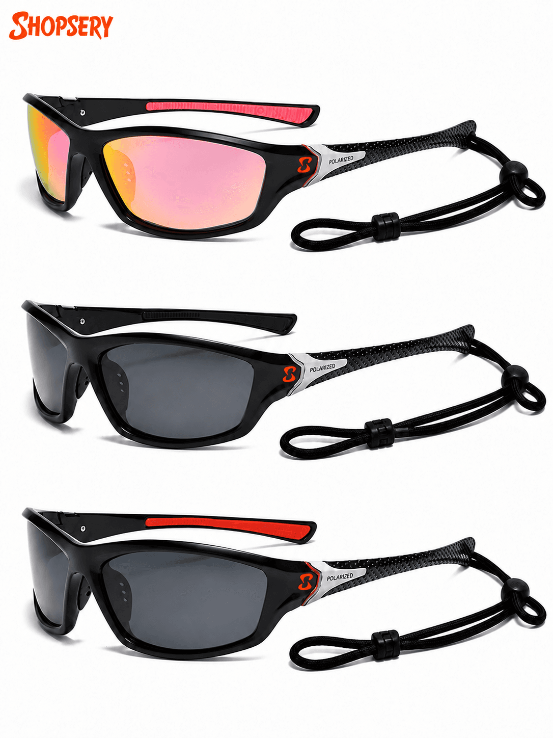Shopsery Polarized Sports Sunglasses for Men 3 Pack Combo – UV400 Protection | HD Polarized Driving, Fishing &amp; Cycling Sunglasses - Pink+Black+Red Black image