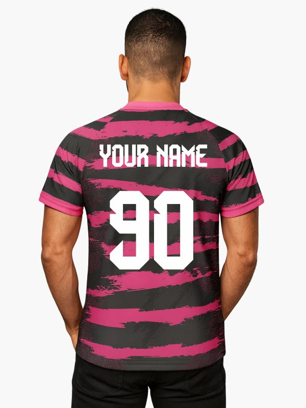 Custom Magenta and Black Striped V-neck Raglan Sports Jersey | Custom Soccer Jersey By Shopsery image 2