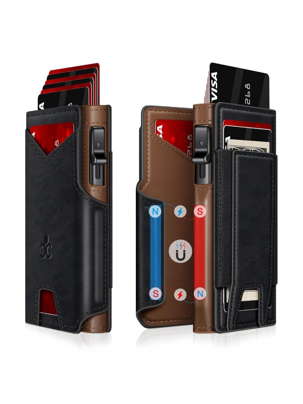 Slim RFID Wallet for Men – Aluminum Card Holder with Pop-Up Eject Mechanism, Magnetic Leather Cover, ID Window & Expandable Cash Slot - Black + Coffee Brown image