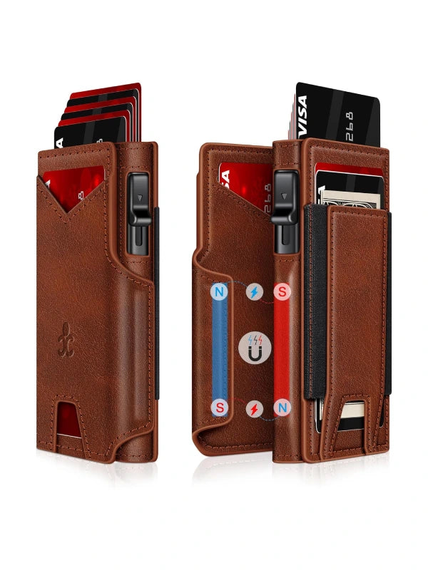 Slim RFID Wallet for Men – Aluminum Card Holder with Pop-Up Eject Mechanism, Magnetic Leather Cover, ID Window & Expandable Cash Slot - Brick-Red image