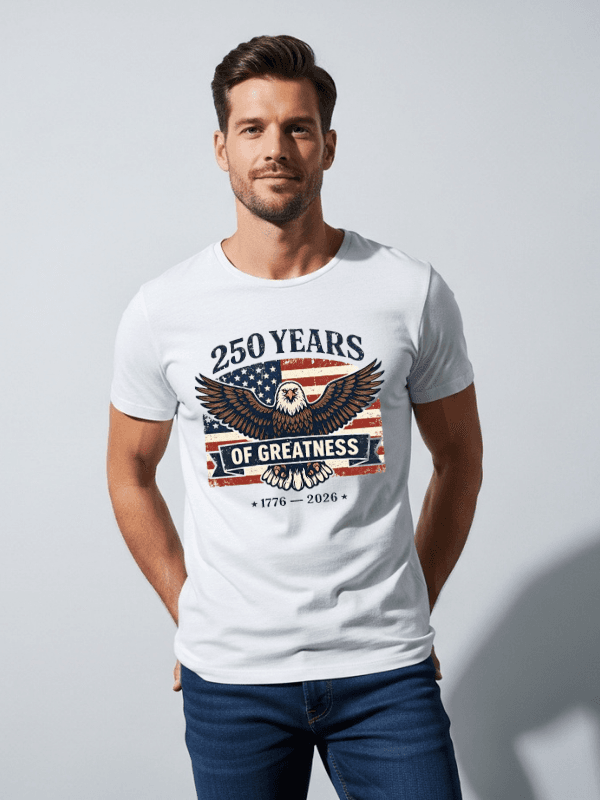 250 Years of Greatness Patriotic Eagle T-Shirt | USA 250th Anniversary American Flag 1776–2026 Graphic Tee image 0