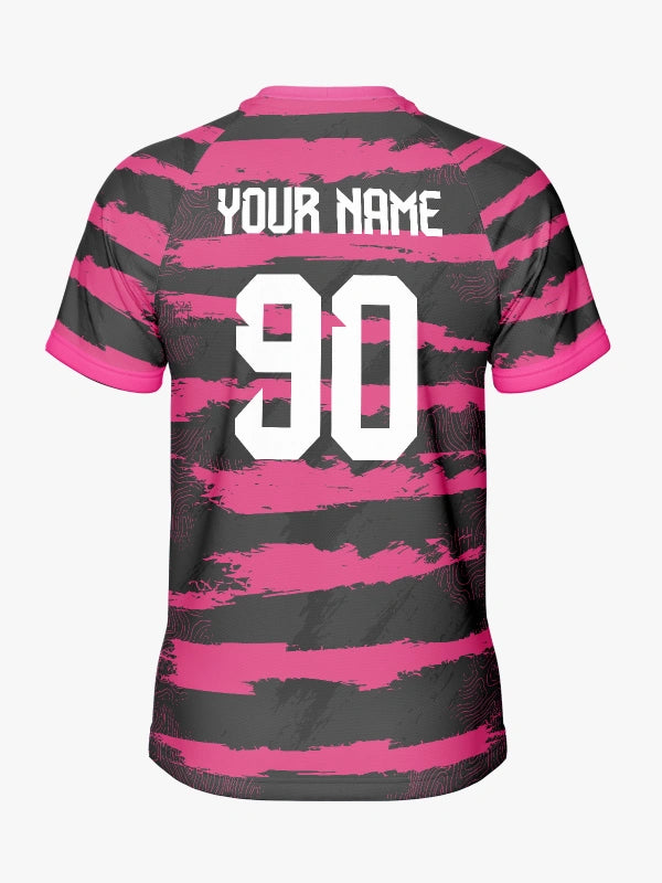 Custom Magenta and Black Striped V-neck Raglan Sports Jersey | Custom Soccer Jersey By Shopsery image 4