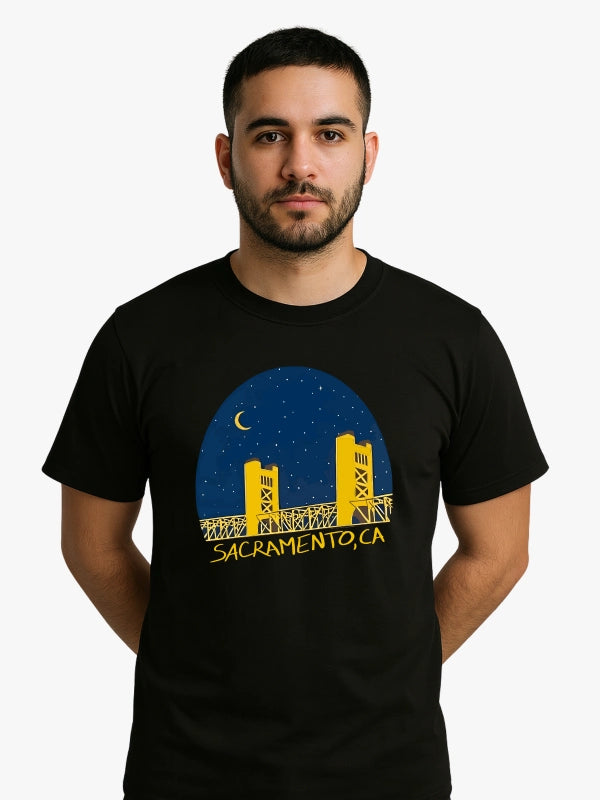 Sacramento Tower Bridge Night Graphic T-shirt (Black) image 1