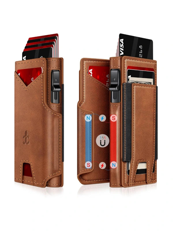 Slim RFID Wallet for Men – Aluminum Card Holder with Pop-Up Eject Mechanism, Magnetic Leather Cover, ID Window & Expandable Cash Slot image 0