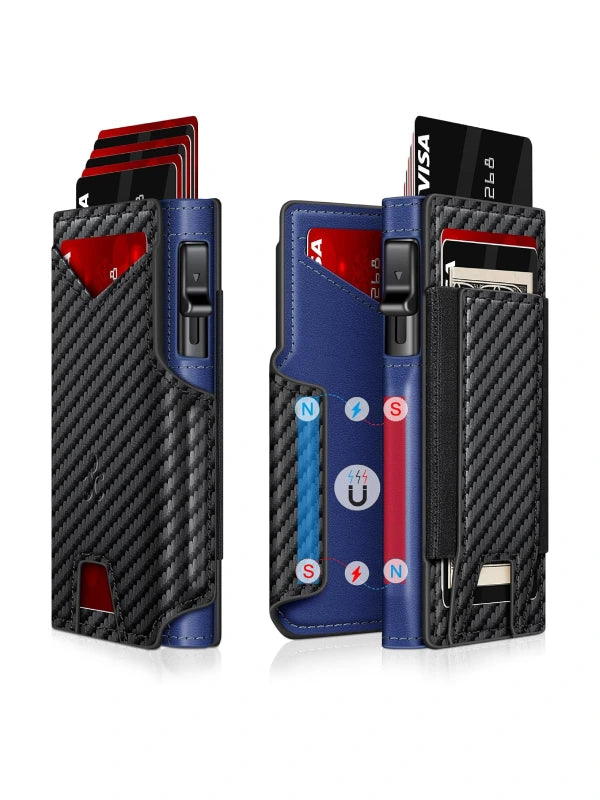 Slim RFID Wallet for Men – Aluminum Card Holder with Pop-Up Eject Mechanism, Magnetic Leather Cover, ID Window & Expandable Cash Slot image 14